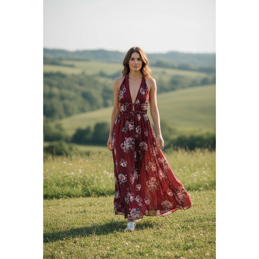 ILA ILA Floral Halter Maxi Dress Burgundy  Braided Waist Open Back Boho Summer - Picture 2 of 9